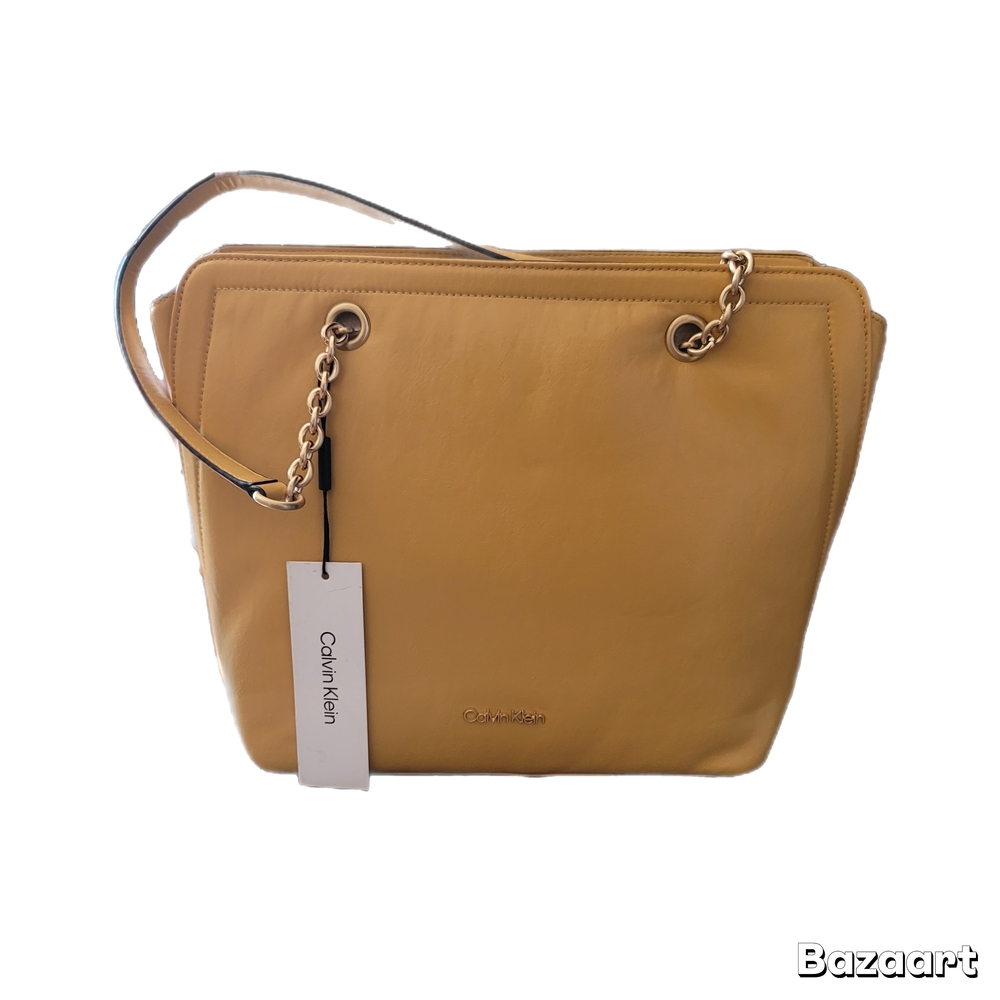 Calvin Klein Handbag Yellow Hailey Micro Pebbletop Zip Chain Tote - Picture 2 of 8